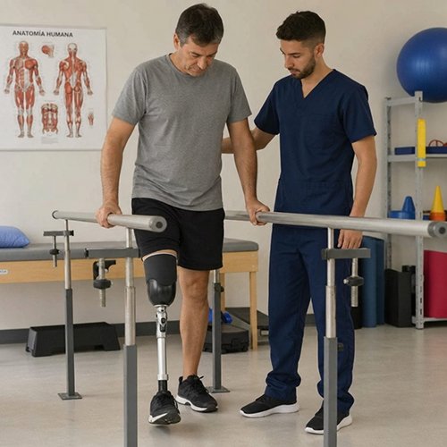 A thigh amputee trains while wearing a prosthesis under the guidance of a prosthetist.